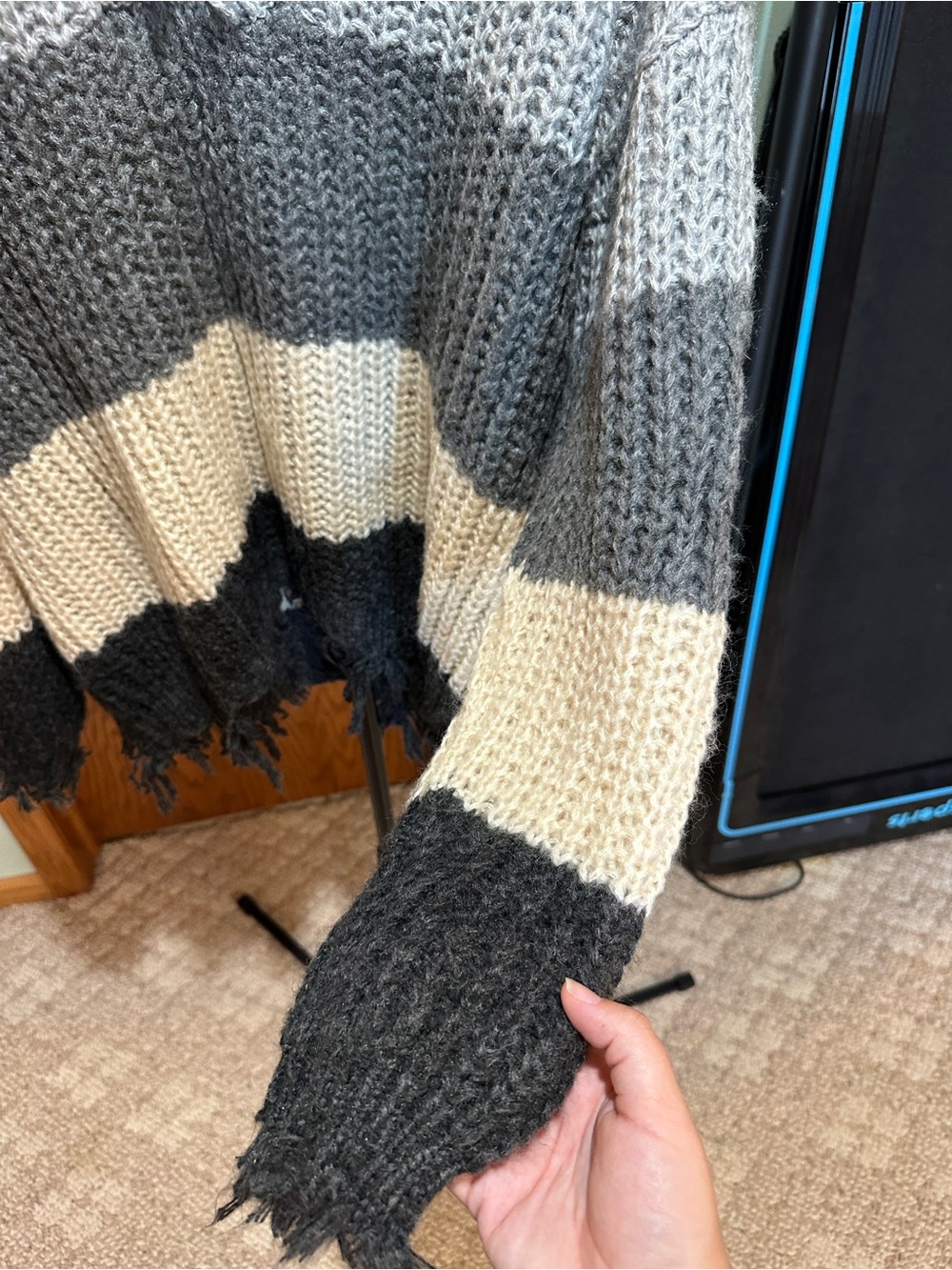 Wishlist Striped Distressed V-Neck Sweater in Gray, Cream, Black - Picture 3 of 4